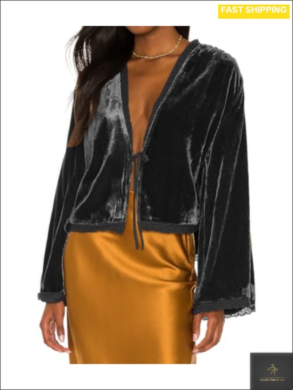 Velvet Kimono Cardigan Loose Fit Bell Sleeve Lace Trim Women's Jacket